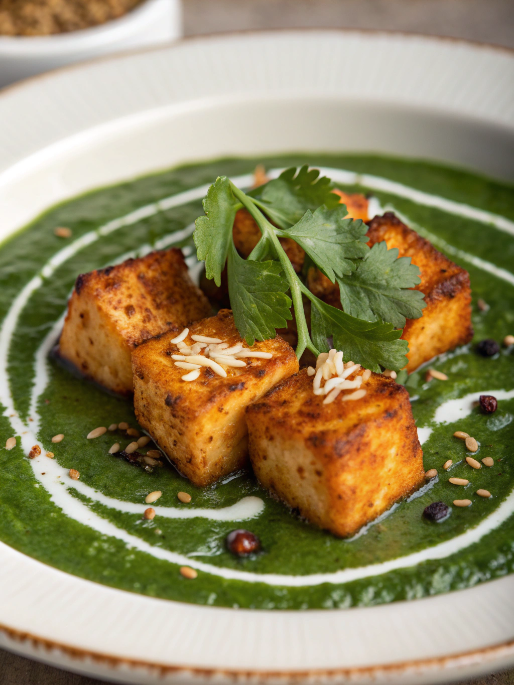 Spiced paneer cubes in a thick golden gravy